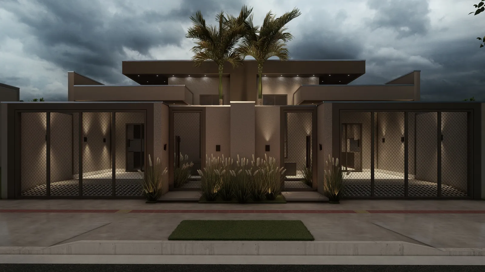 Fachada noturna iluminada das casas geminadas
