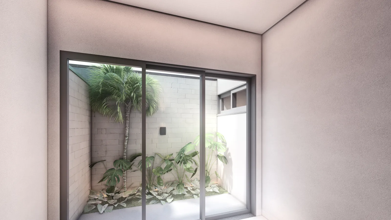 Jardim interno com pele de vidro